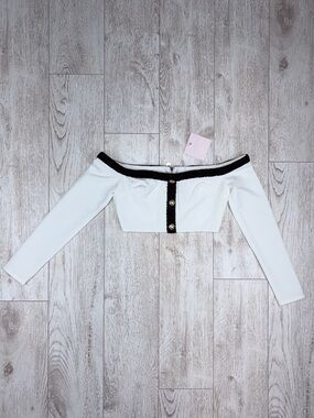 Amber x Meshki Size XS White Tweed Trim Bardot Crop Top